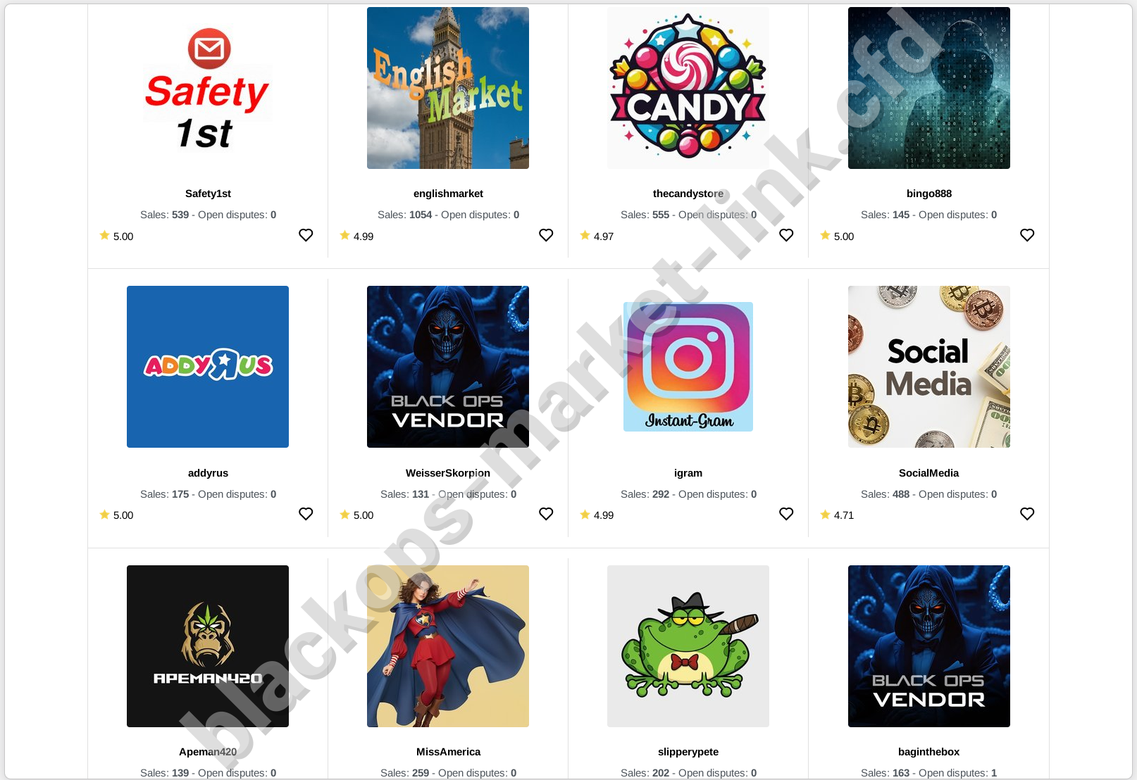 BlackOps marketplace product catalog with filters, sorting and vendor information